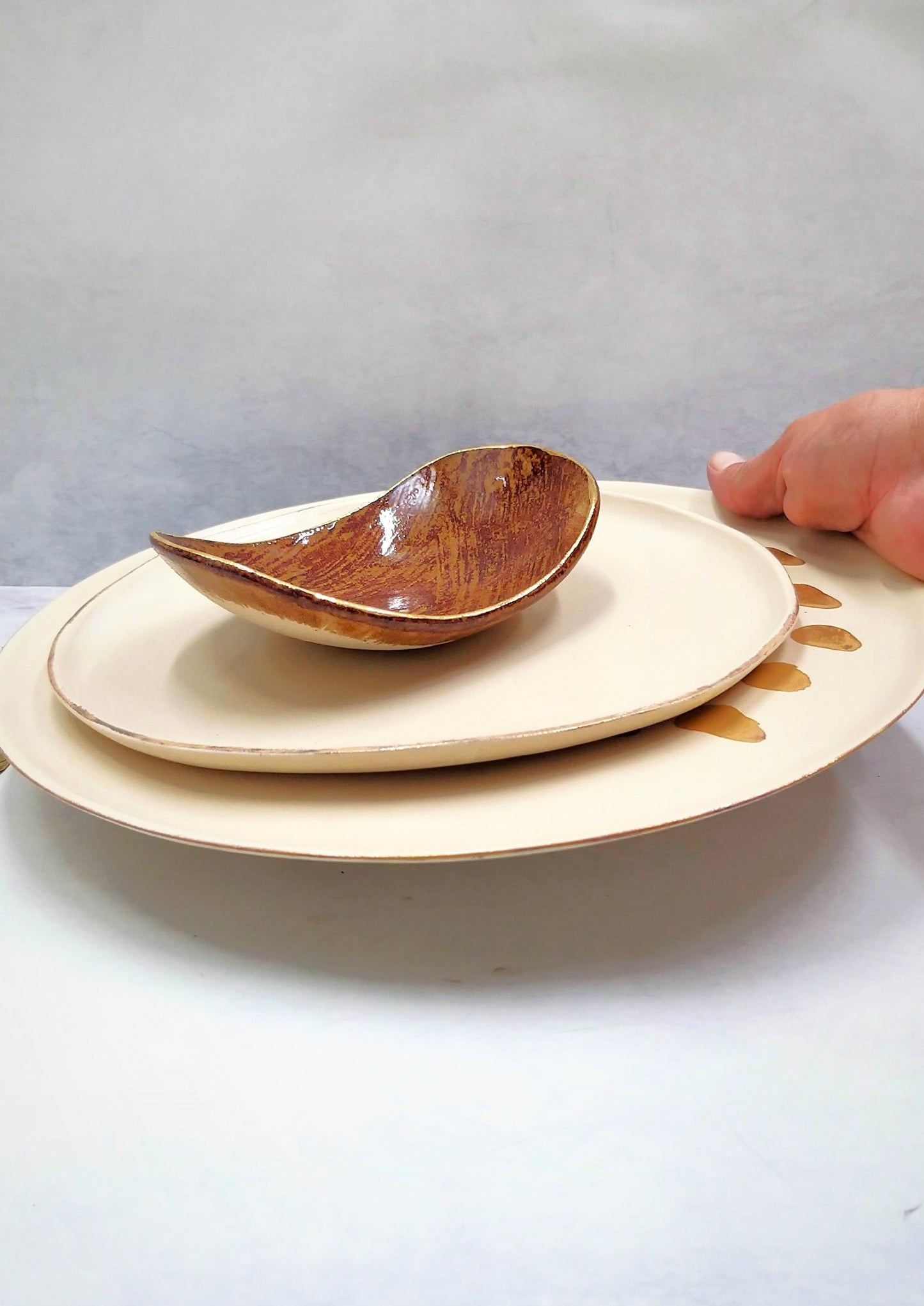 Brown white with gold rim ceramic plates set