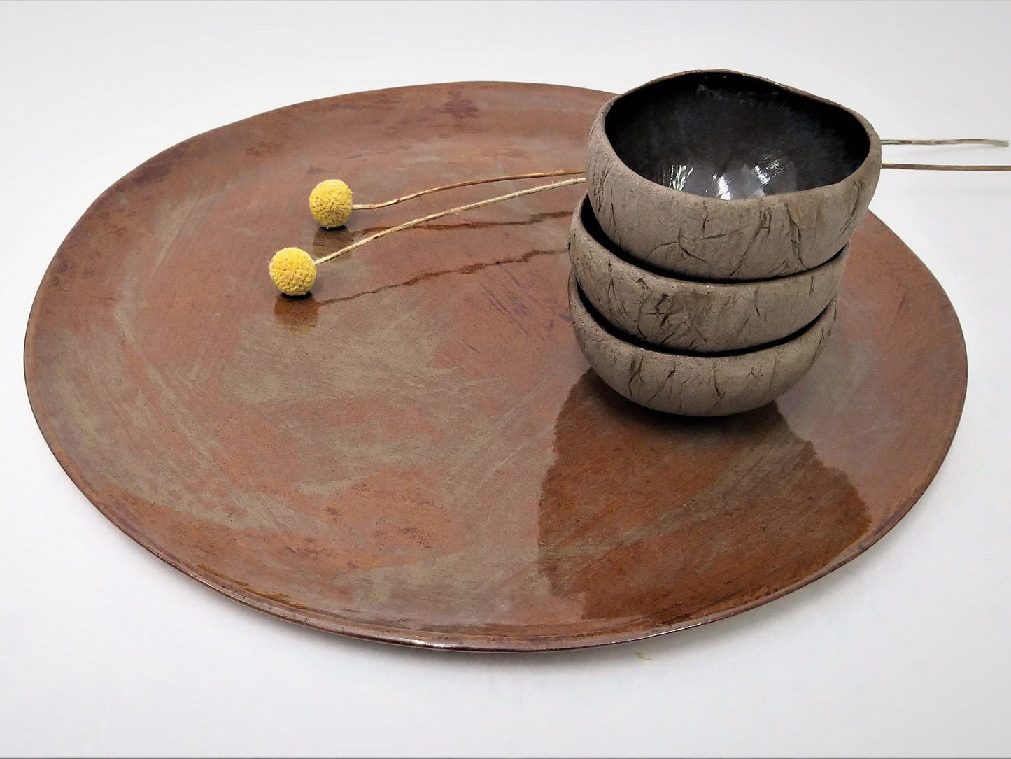 Brown Ceramic Tray With 3 Small Bowls