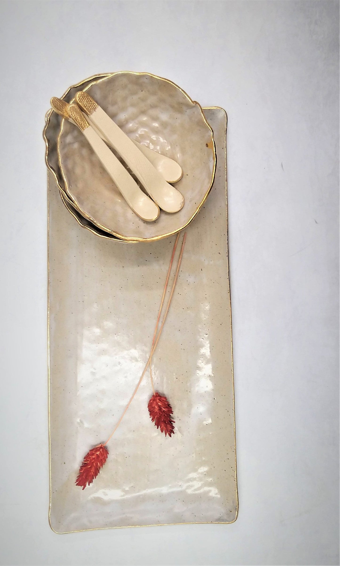 Beige Ceramic Serving Bowls and Tray