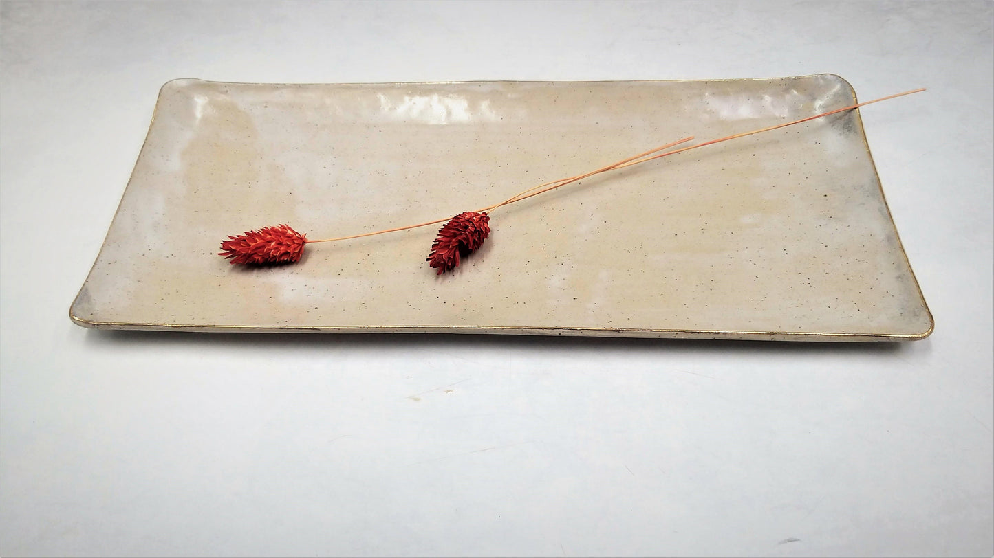 Beige Handmade Ceramic Serving Tray with 24k Gold Finish