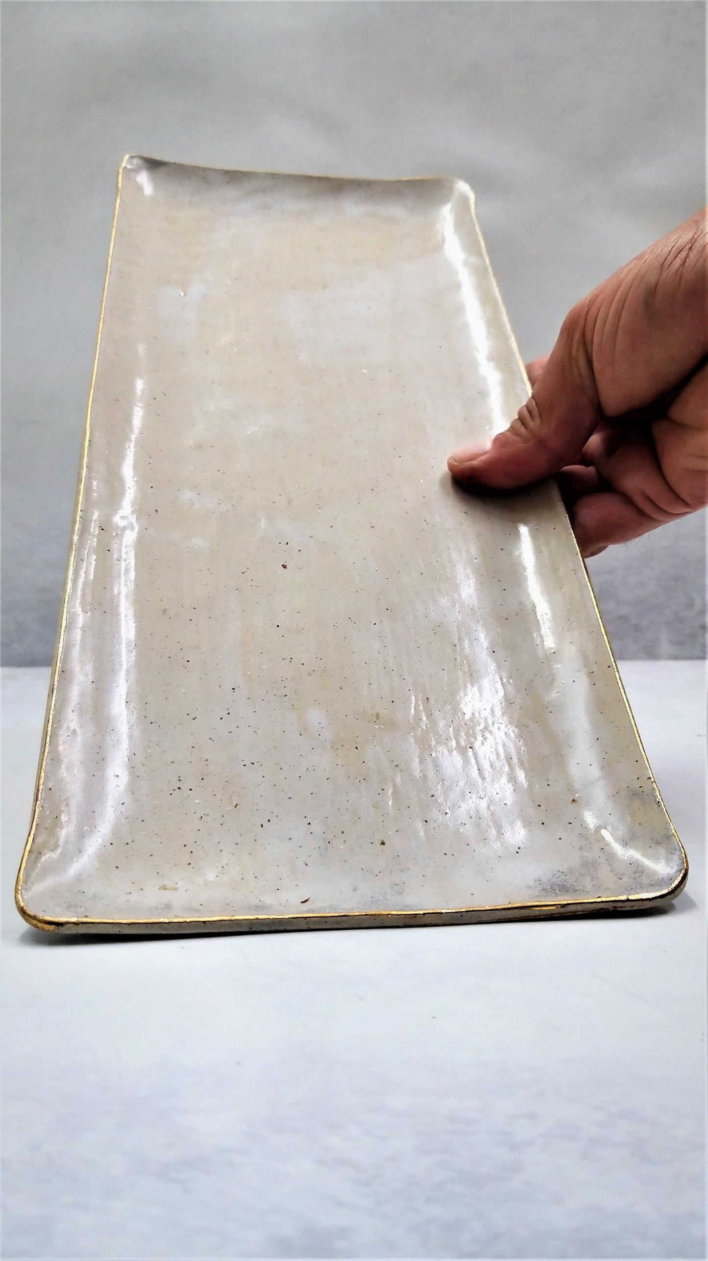 Long Beige Rectangle Ceramic Tray With Gold Rim
