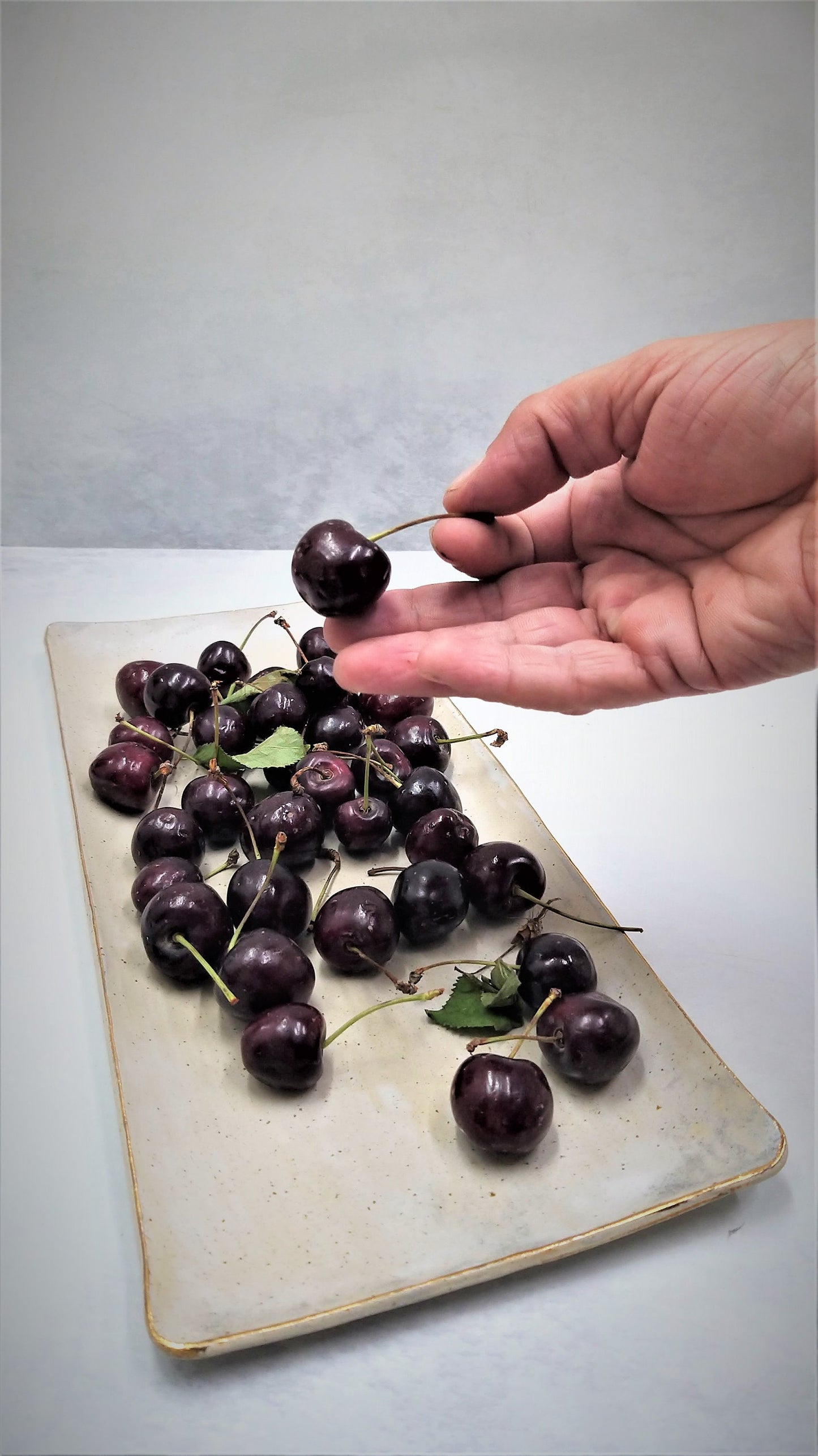 Beige Ceramic Serving Tray With Cherries