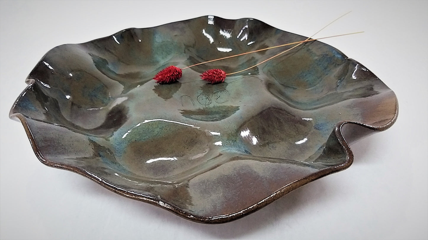 Ceramic Passover Plate With Dark Brown And Blue Glossy Glaze