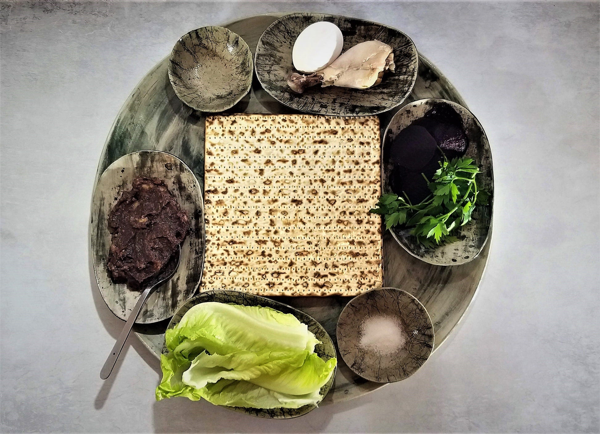 Ceramic handmade Passover plate, gray shades glaze