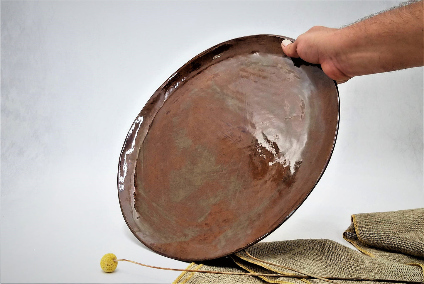 Round Brown Blue Handmade Ceramic Tray