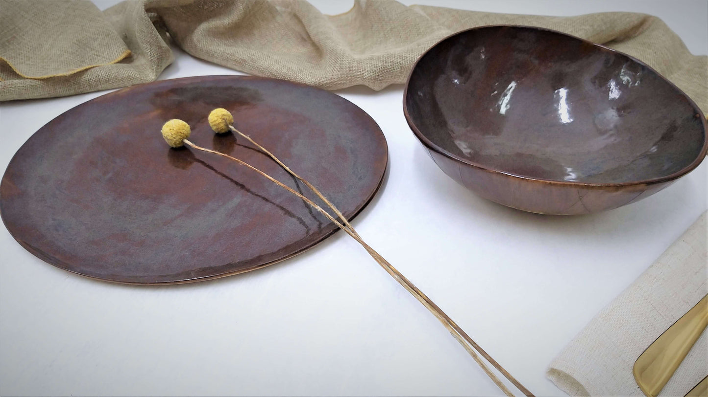 brown and green ceramic plate set