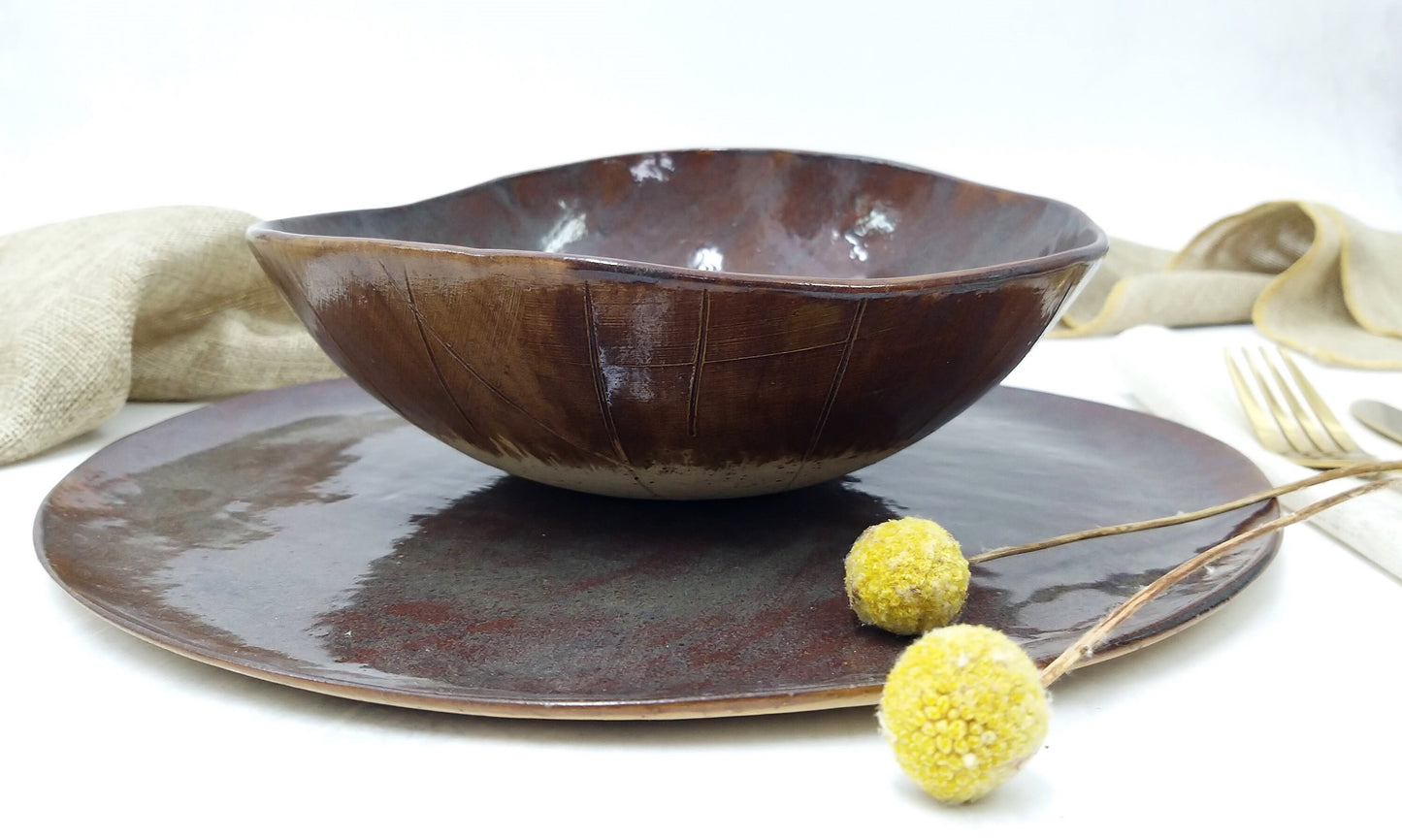 Brown Blue Ceramic Dinner Plates Set