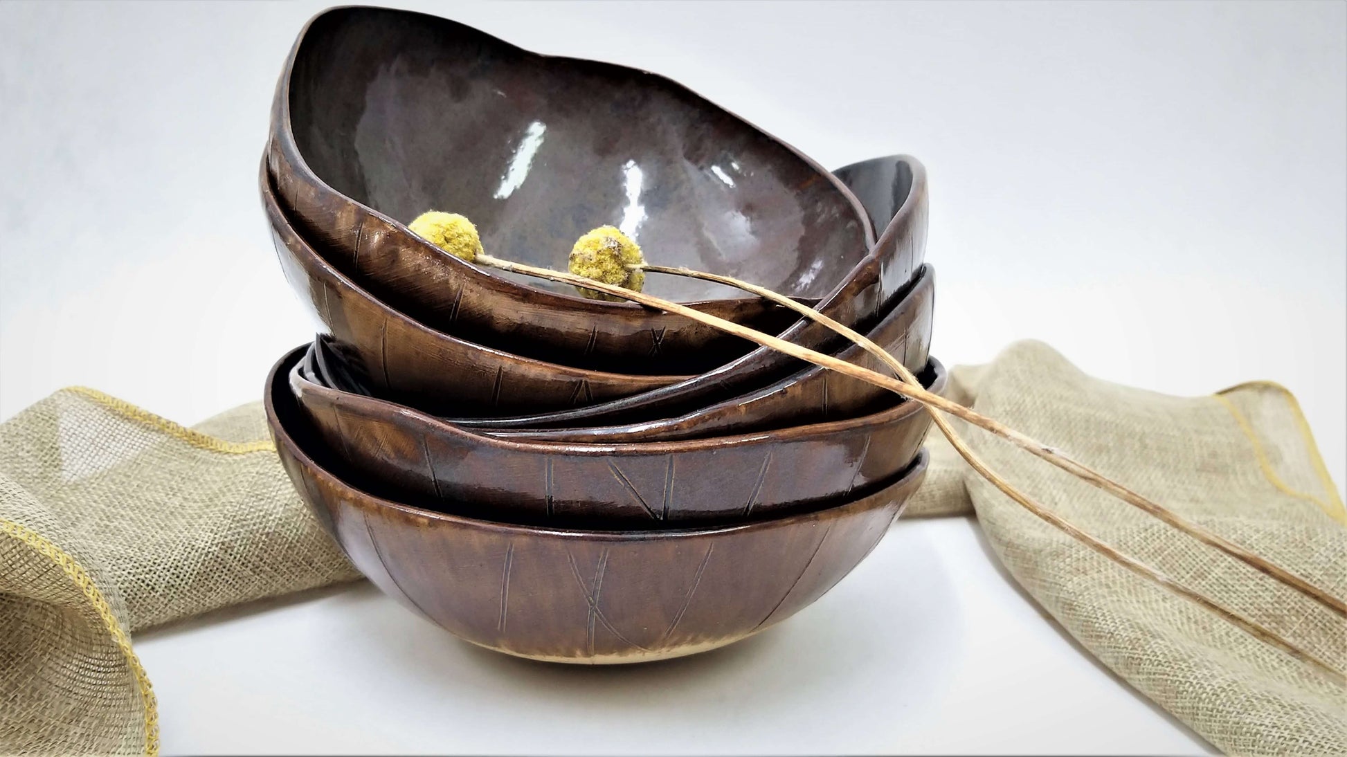 Handmade ceramic brown blue bowls