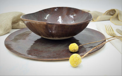 Brown Blue Ceramic Plate and Bowl Set