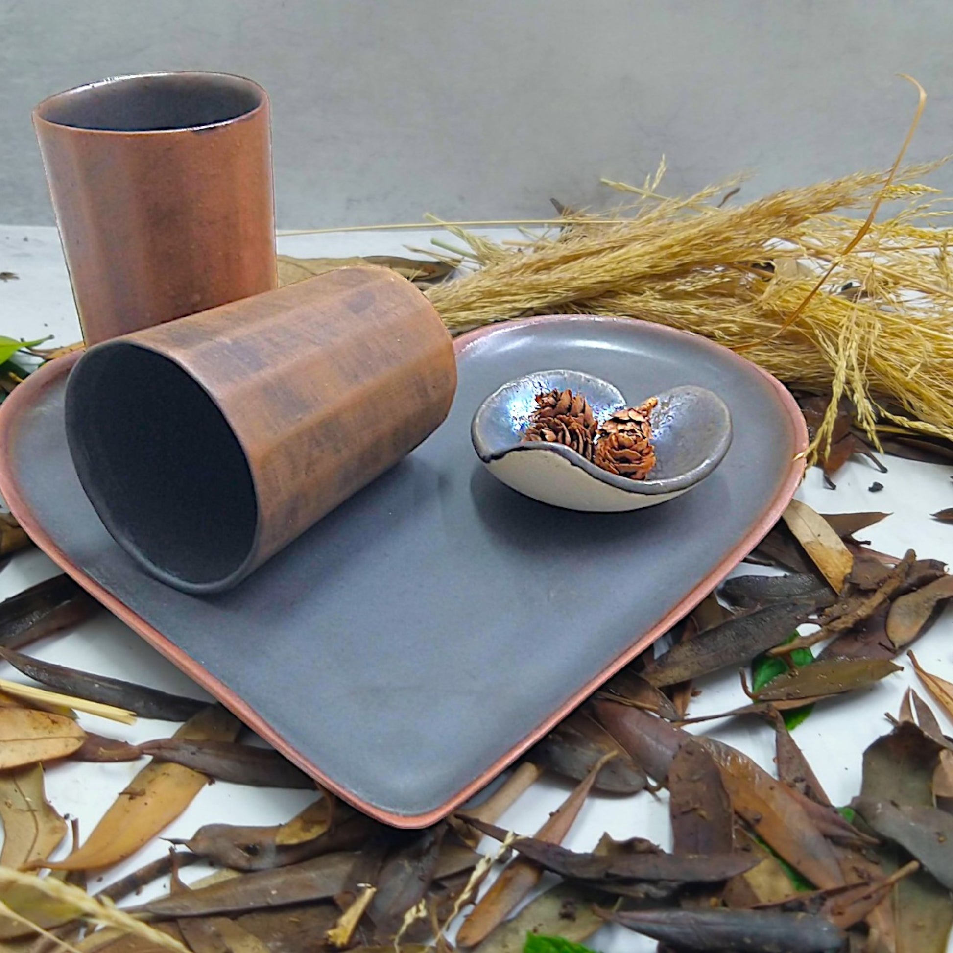 Chocolate brown ceramic heart-shaped platter, glasses and bowl set