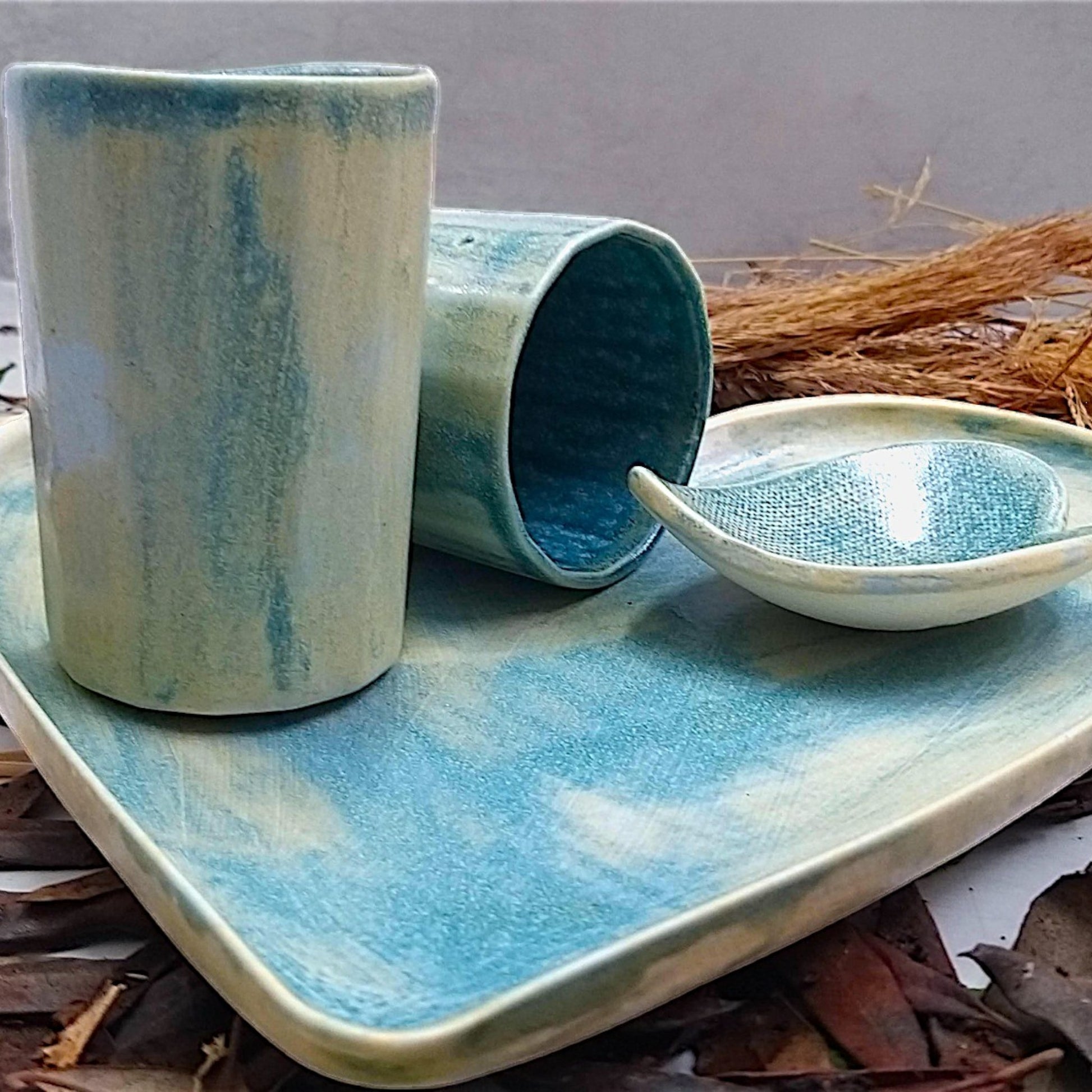 Romantic bluish yellow ceramic heart serving plate, glasses and bowl