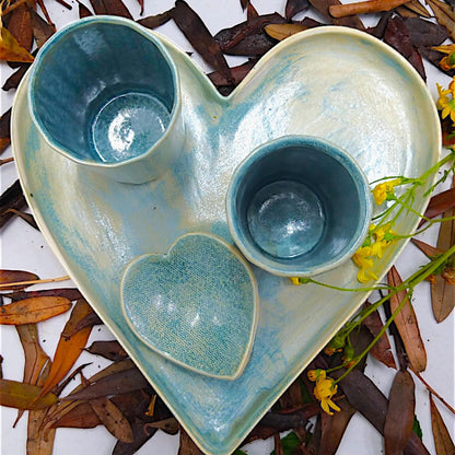 Ceramic heart platter, glasses, bowl set glazed bluish yellow