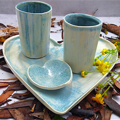 Handmade bluish yellow ceramic heart plate and glassware set