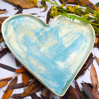 Handcrafted bluish yellow heart shaped ceramic plate
