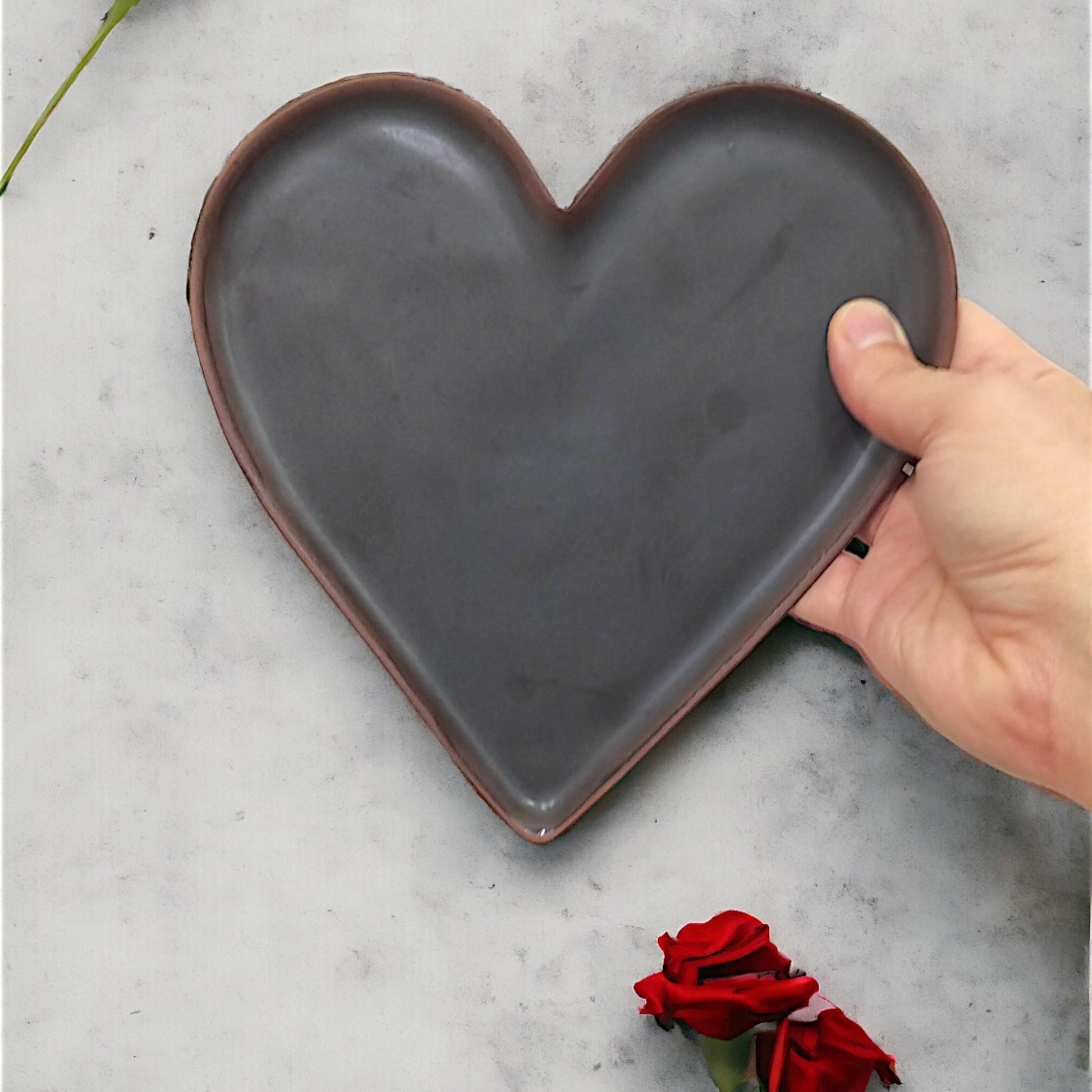 Handcrafted chocolate brown heart ceramic platter