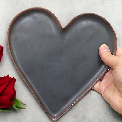 Handmade chocolate brown ceramic heart tray