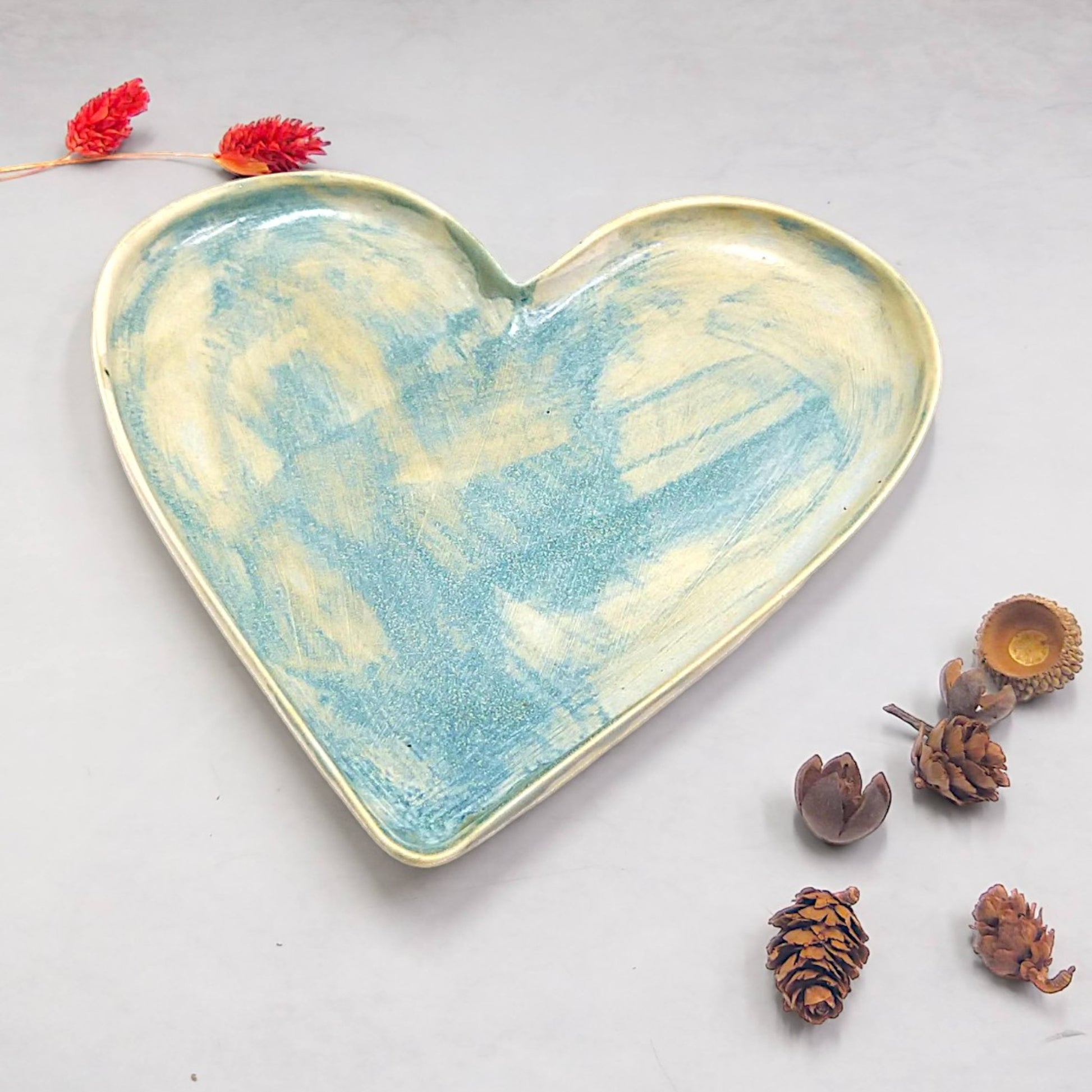 Bluish yellow heart shape ceramic plate