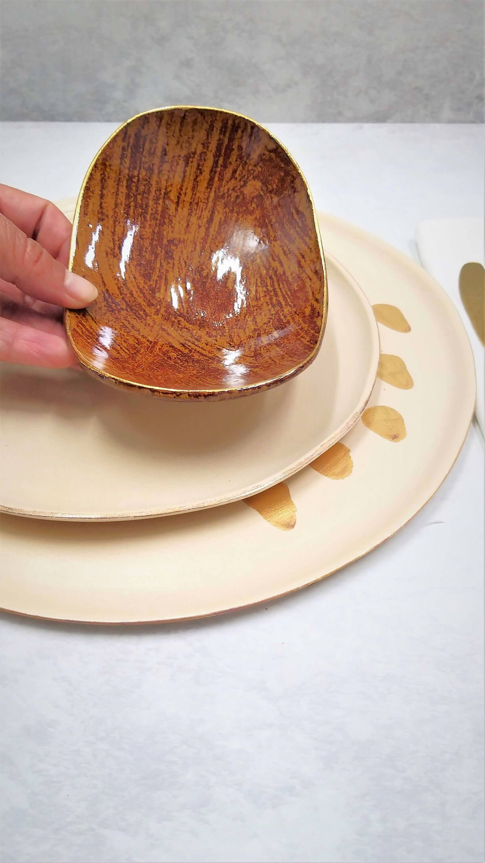 Oval brown ceramic plate with raw edge texture, ceramic handmade