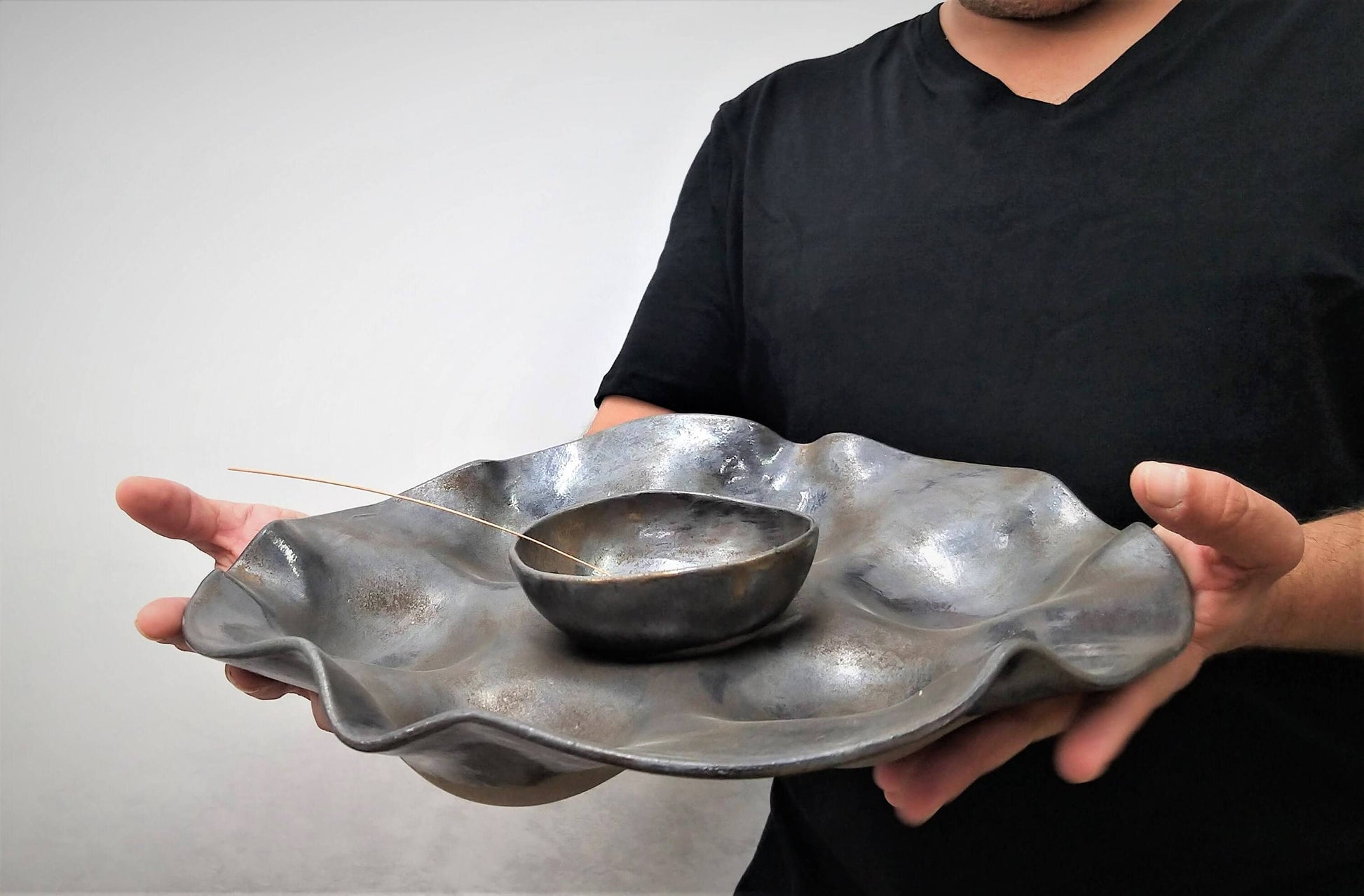 Handmade ceramic serving tray with built-in bowl