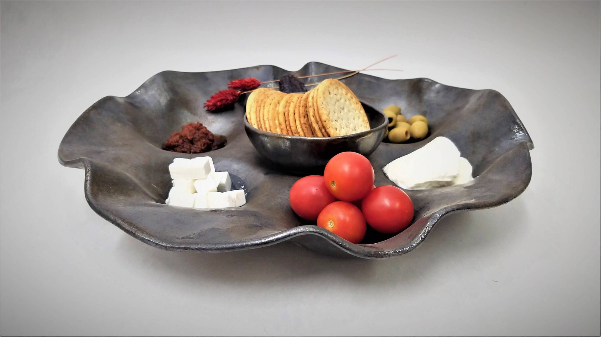 Organic form ceramic tray for mezze or tapas