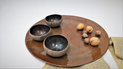 Brown Blue Round Ceramic Tray With 3 Small Grey Blue Ceramic Bowls