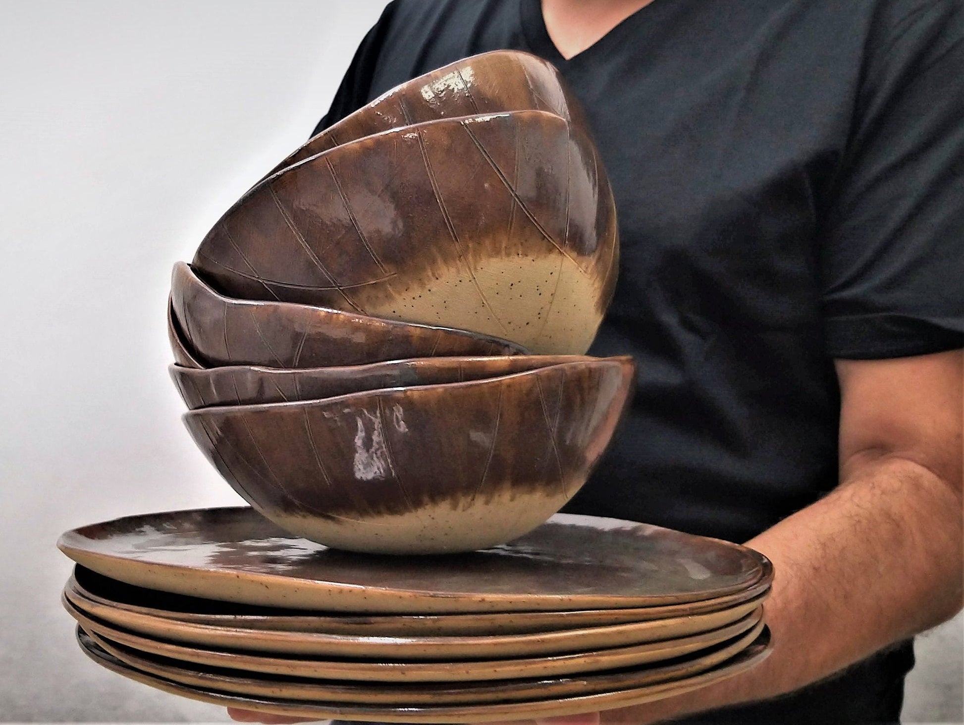 Unique Rustic Ceramic Dinnerware Set in Brown for Modern Dining