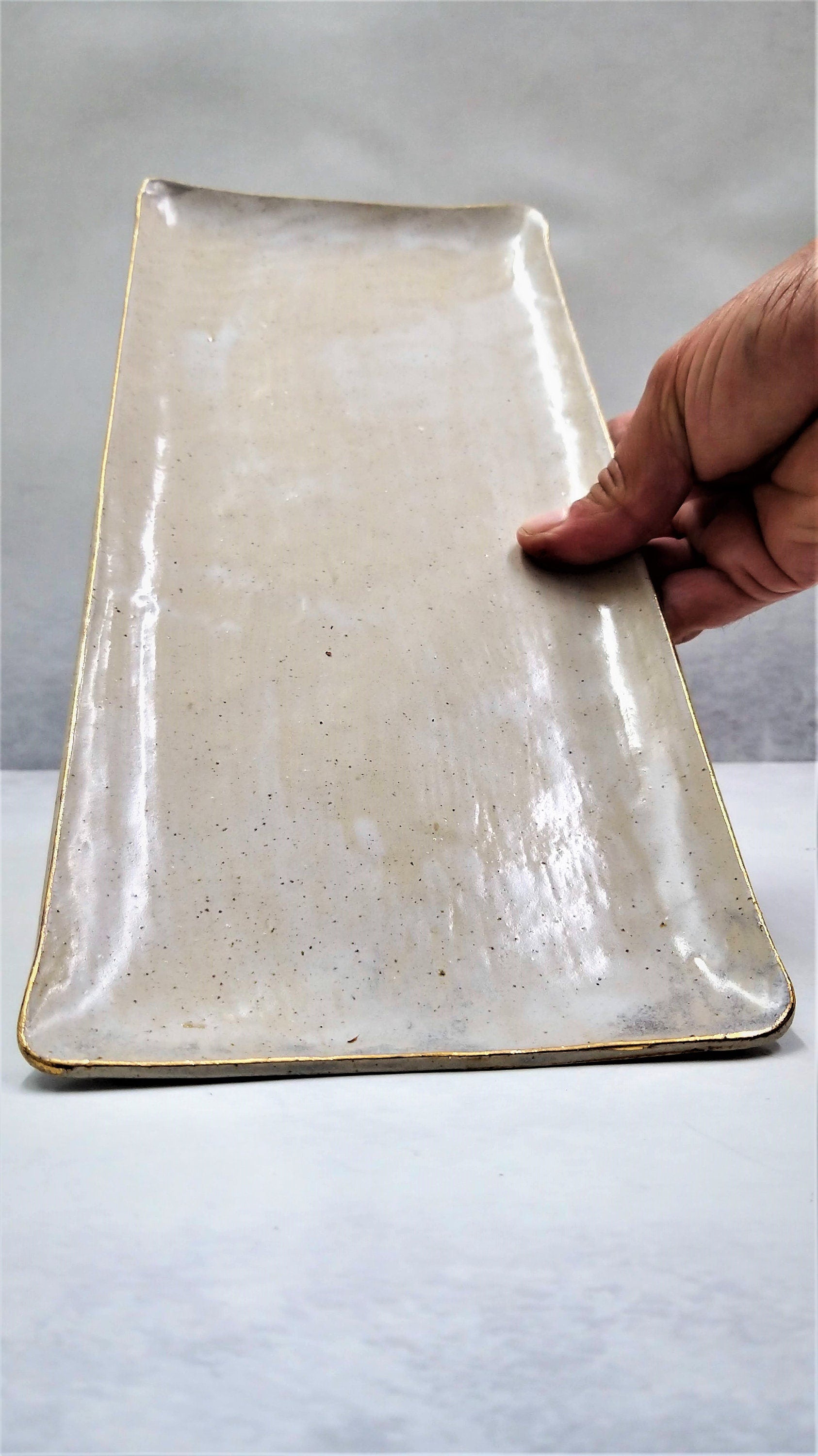 Long Beige Rectangle Ceramic Tray With Gold Rim