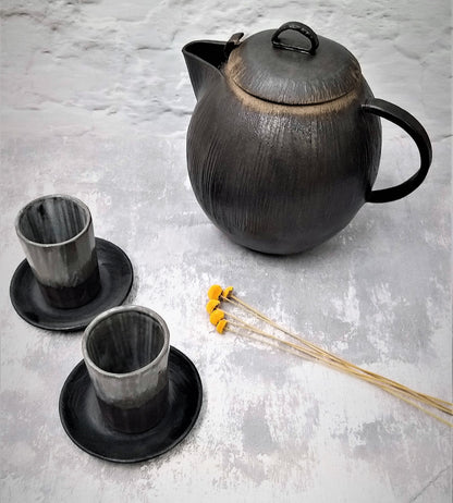 Ceramic Gray Tea Cup Set With Black Teapot