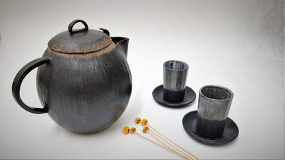 Two Ceramic Tea Cups With Ceramic Teapot