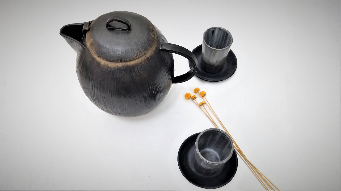 Black Gray Ceramic Tea Cup Set With Black Teapot