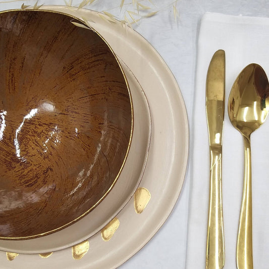 Modern Brown and Cream Dinnerware with 24k Gold