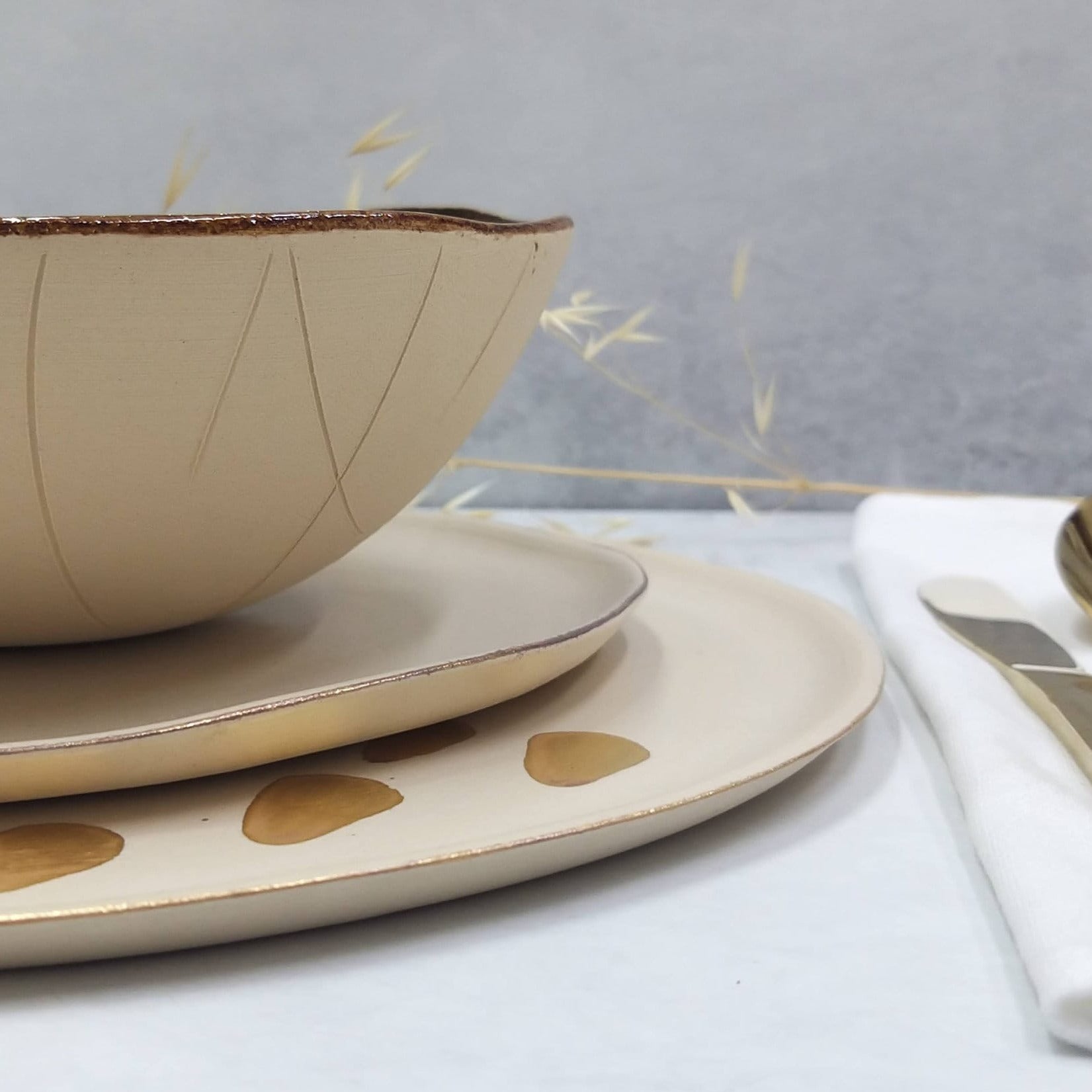 Ceramic Brown and Cream Dinnerware with 24k Gold
