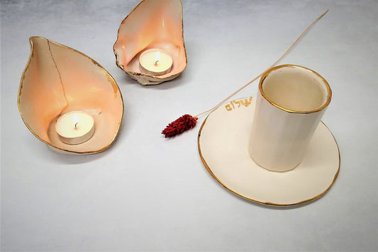 Ceramic kiddush cup and candlesticks