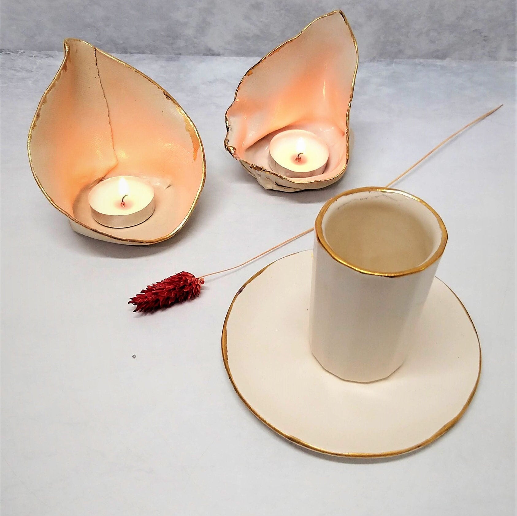 Ceramic candlesticks with cup for kiddush