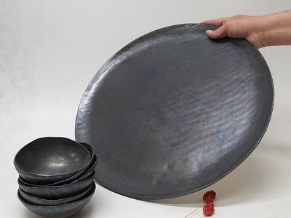 Black Ceramic Plate And Six Bowls