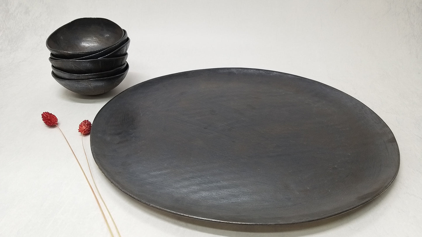 Black Bronze Ceramic Plate And Six Bowls