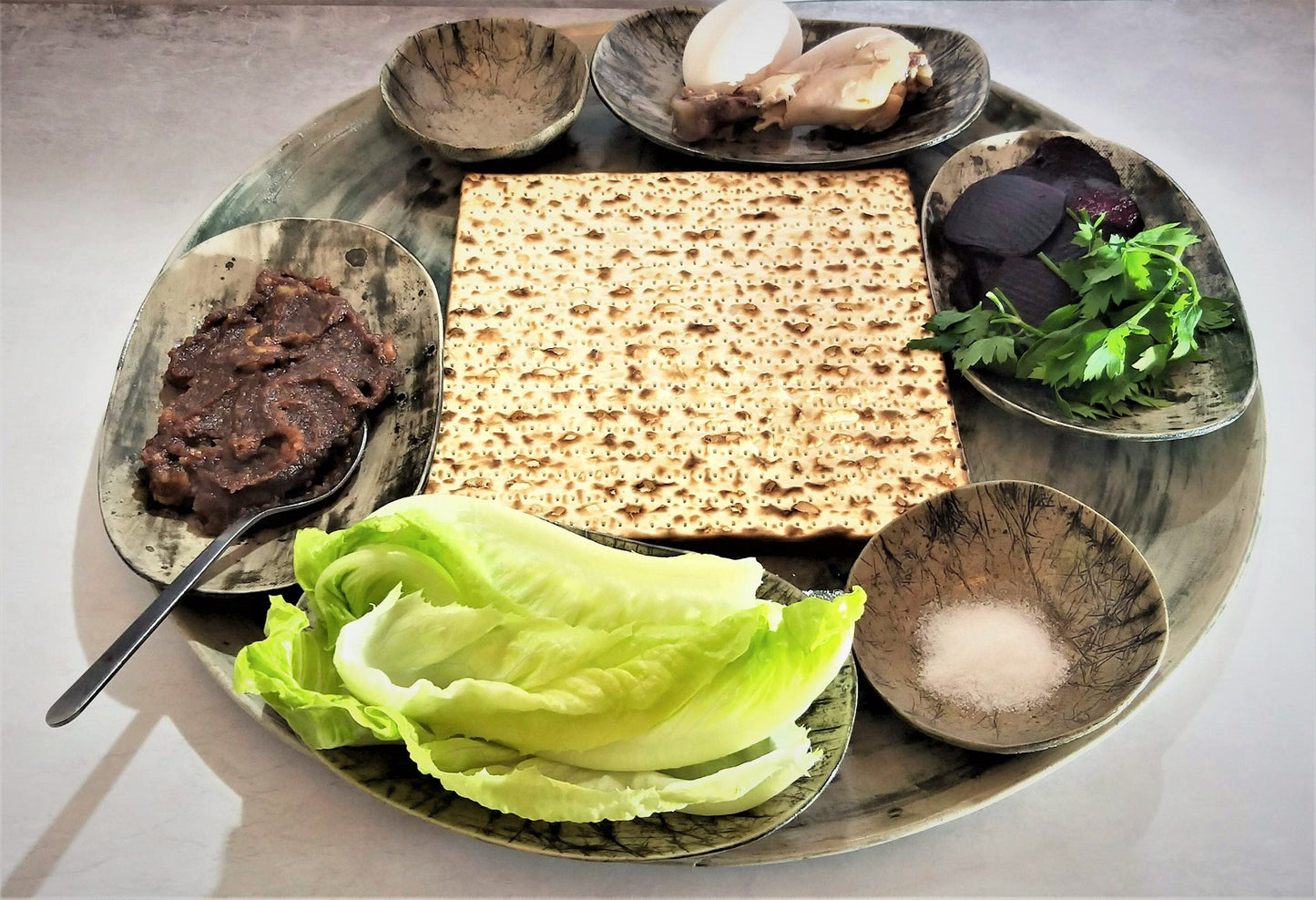 Rounded ceramic Passover plate, handbuilt, gray glaze