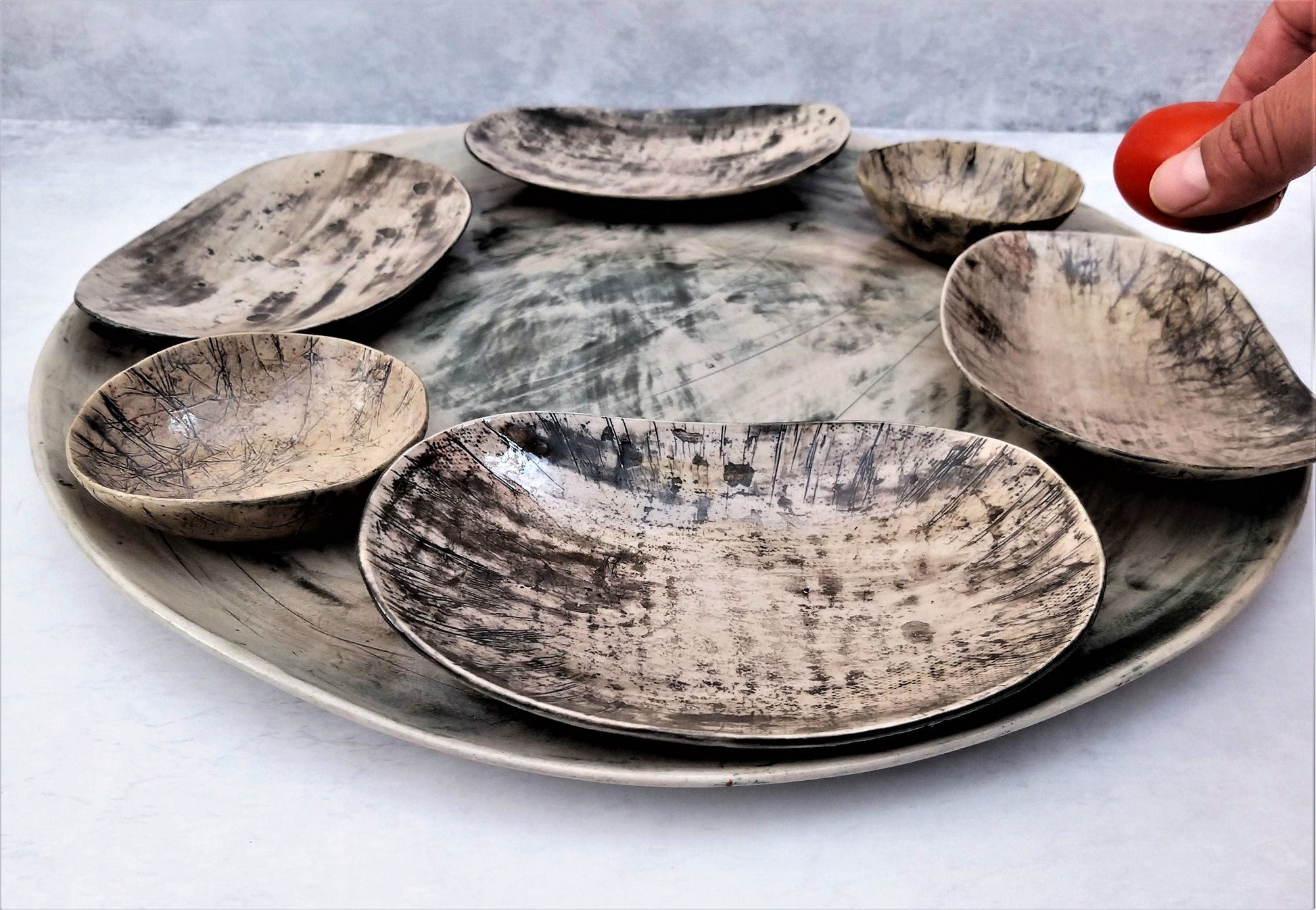Customizable handmade grey ceramic Passover plate & bowls