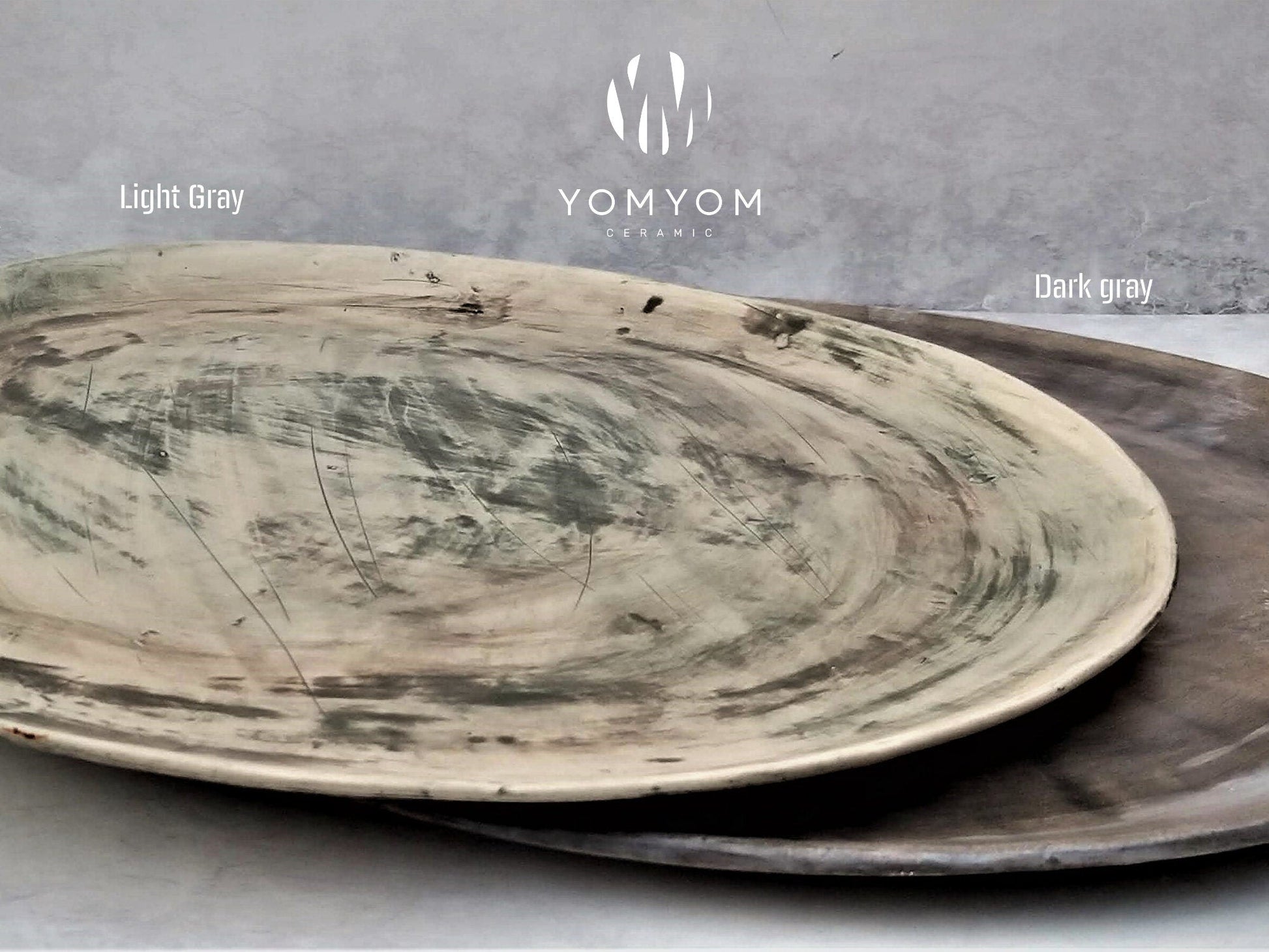 2 Handmade ceramic Passover plates, light and dark gray glaze