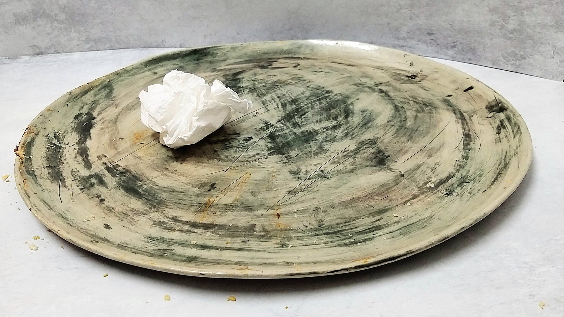 Rounded handmade Passover plate, natural clay, gray shades
