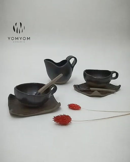 Handmade Black Gray Coffee Cups Set, Mugs And Saucers Set, Ceramic Coffee Mugs, Pottery Mugs, Handmade Mugs, Small Pottery Cups