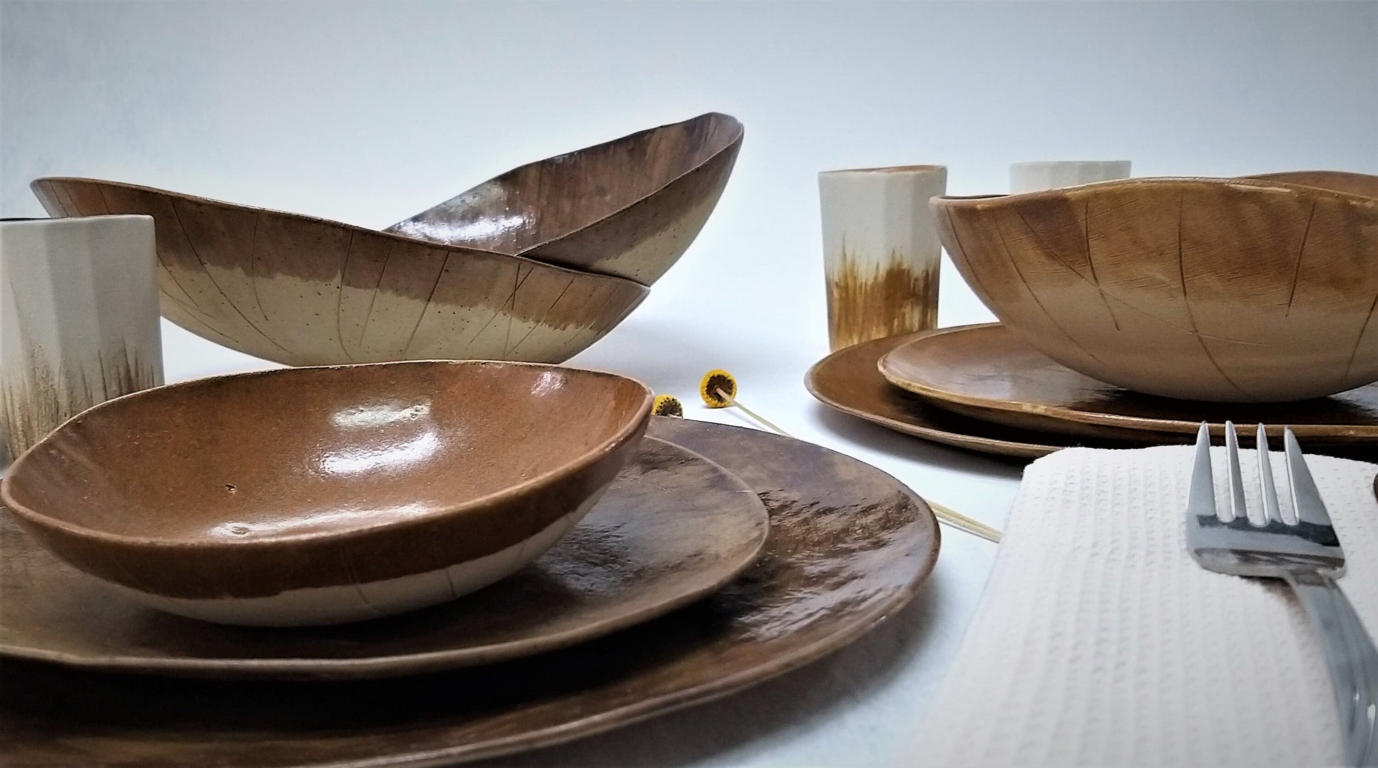 Handmade brown ceramic dinnerware set